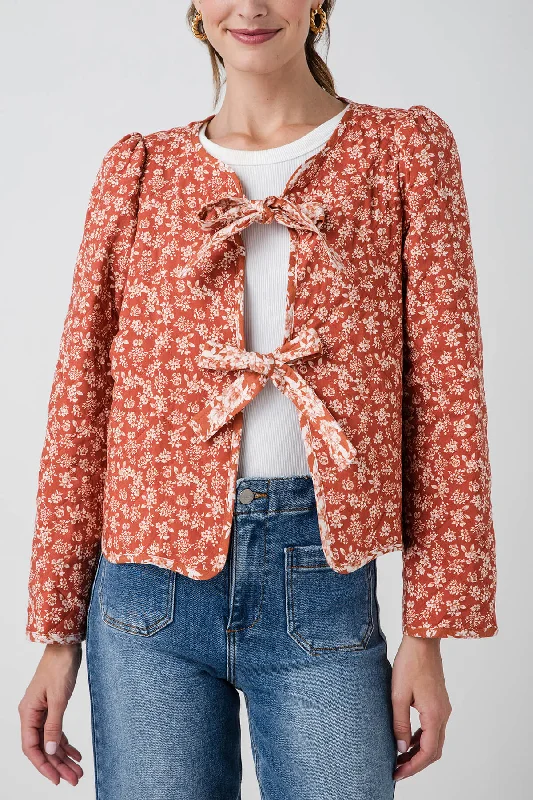 Versatile Wardrobe Essentials Listicle Ditzy Floral Print Front Bow Tie Quilt Jacket