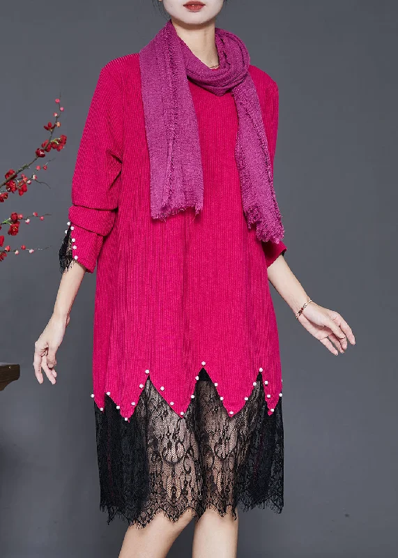 Casual Chic Fashion Rose Lace Patchwork Nail Bead Knit Dresses Spring