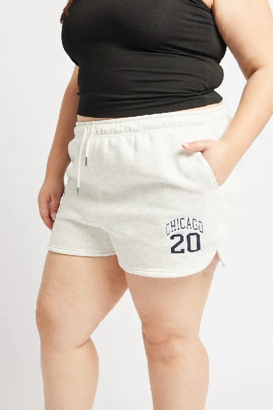 Trendy Women's Wear Collection Grey Curve Hem Athletic Embroidered Track Shorts