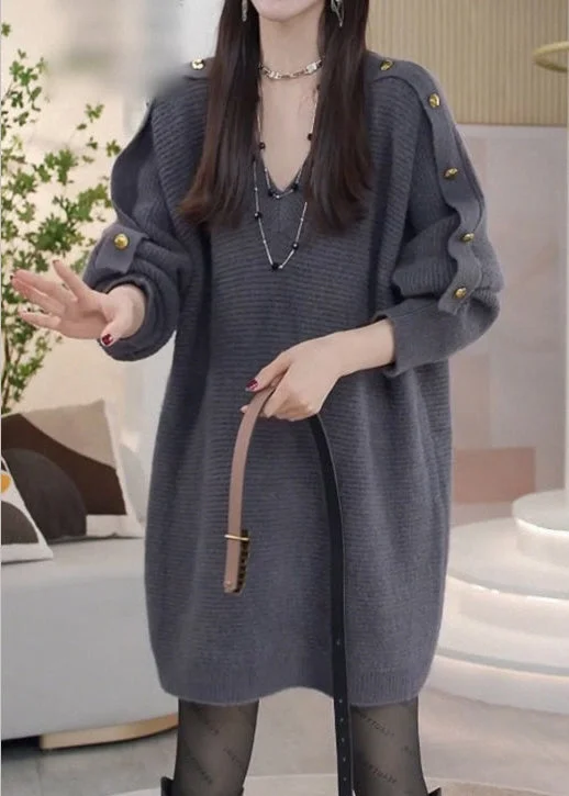 Sophisticated Fashion Modern Grey V Neck Metal buttons Knit Sweater Dress Spring