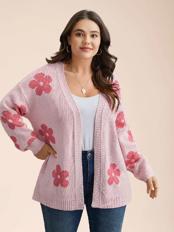 Special Occasion Wear Floral Jacquard Ribbed Hem Knit Cardigan