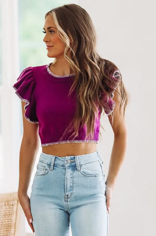 Trendy New Clothes Tailgate Time Crop Sweater - Purple and White