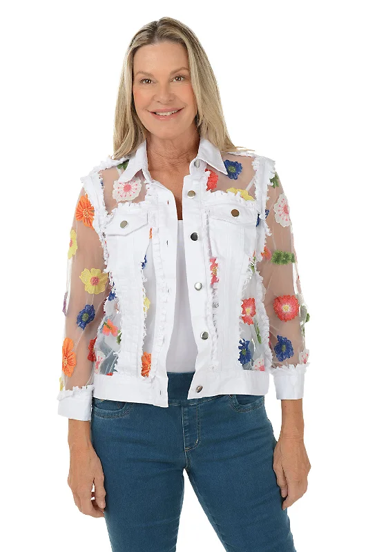 Seasonal Sale Colorful Embroidered Flowers Sheer Denim Jacket