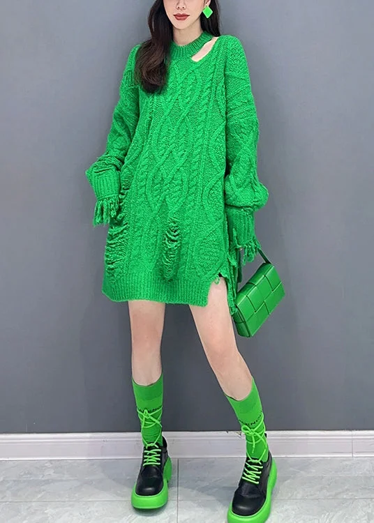 Chic Outfits Style Green Tasseled Ripped Patchwork Knit Mid Sweater Dress Fall