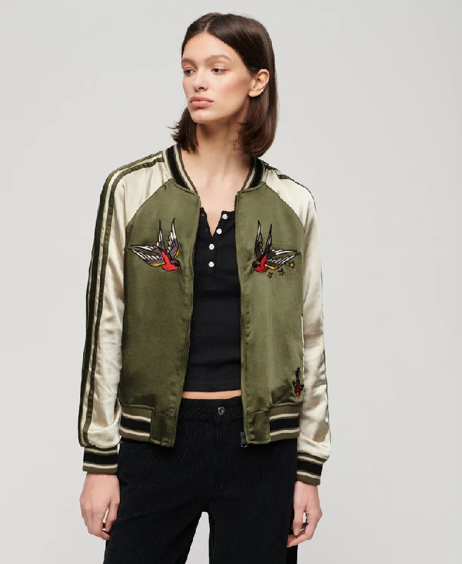 Vintage Charm Suikajan Embroidered Bomber Jacket | Olive Night Green