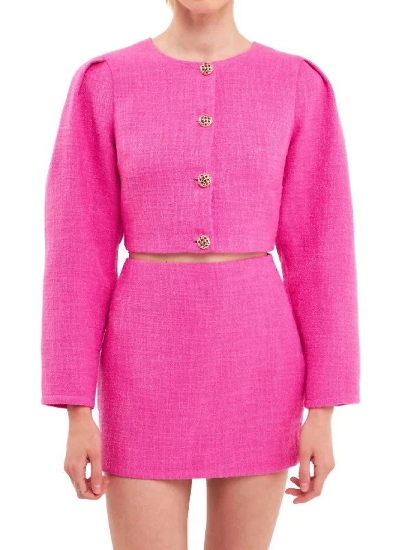 Elegant Attire Crop Tweed Jacket In Hot Pink