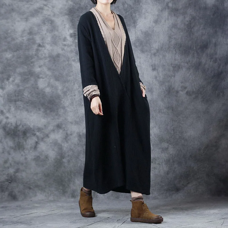 End - Of - Month Blowout French BlackApricot V Neck Patchwork Pockets Fall Knit Long Sleeve Maxi Dress