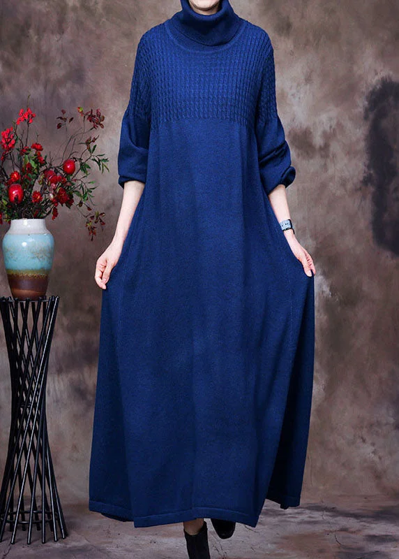 Coastal Beach - Inspired Style Plus Size Blue Turtle Neck Long Knit Dress Winter