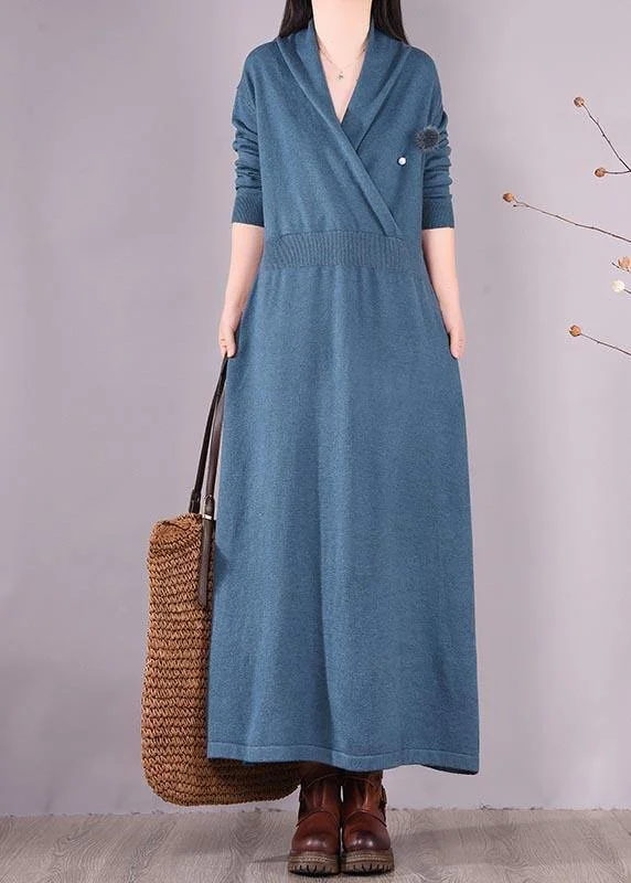 Update With Cottagecore Styles Loose V Neck Asymmetric Spring Quilting Clothes Work Blue Robes Dresses