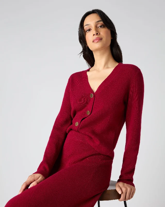 Redefining Women's Fashion Women's Rib V Neck Cashmere Cardigan Opera Red