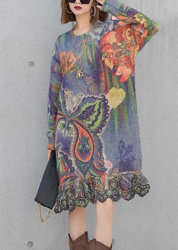 Colorful Clothing Loose Belle Print Patchwork Mink Velvet Knit Dresses Spring