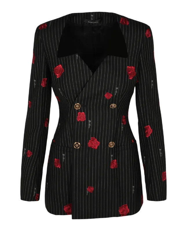 Limited-Time Offer Rose Print Striped Double Breasted Blazer