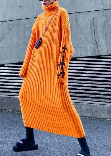 Fashion Essentials Knitted orange Sweater weather Street Style Appliques Tejidos high neck sweater dresses