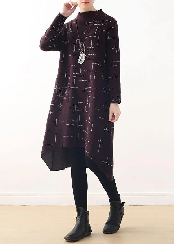 Limited-Time Offer French burgundy plaid clothes For Women high neck Kaftan fall Dress