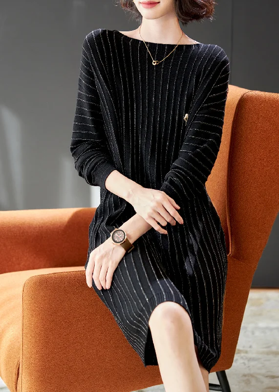 Everyday Wear Handmade Black Striped Knit Pullover Streetwear Dress Spring