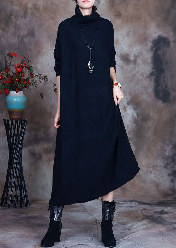 Contemporary Elegance Elegant Black Knit warm Long Dresses Spring