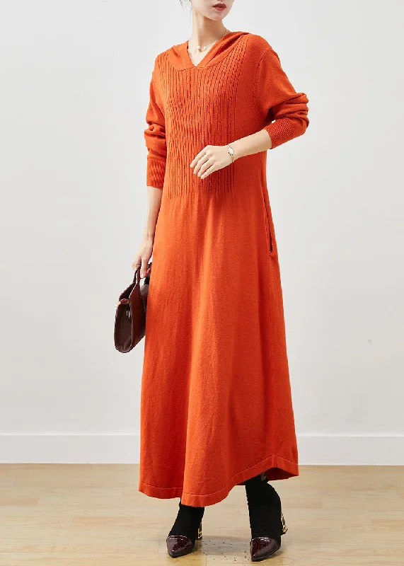 Special Offer Orange Silm Fit Knit Ankle Dress Hooded Spring