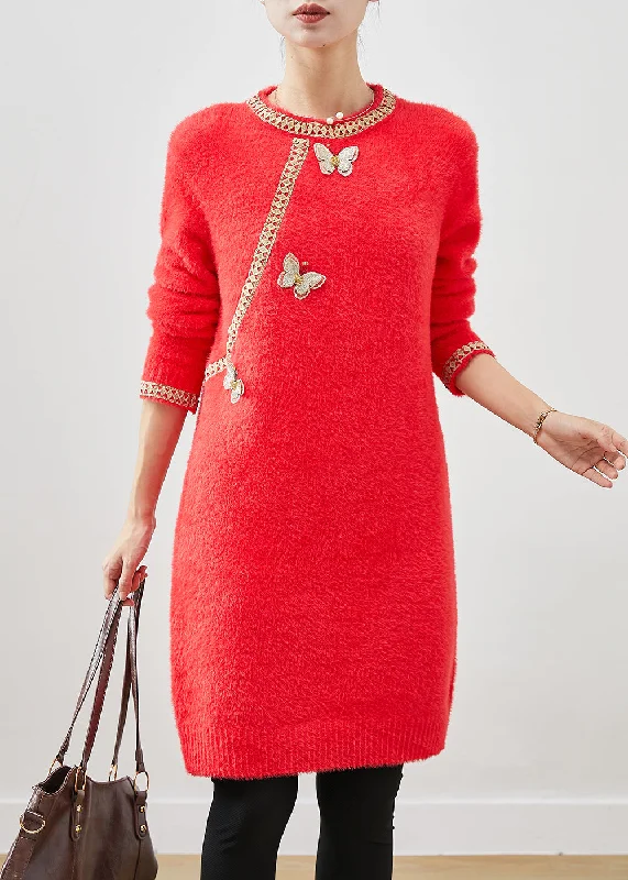 Evening Looks Beautiful Red Butterfly Knit Sweater Dress Winter