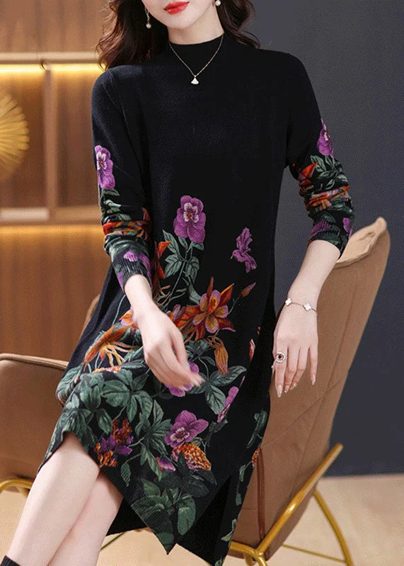 Premium Fashion Beautiful Black Turtleneck Print Wool Knit Dress Long Sleeve