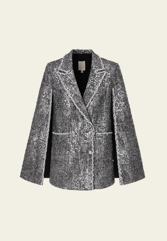 Chic Style Sequin-detail Sliver-lurex Notch-lapel Cape