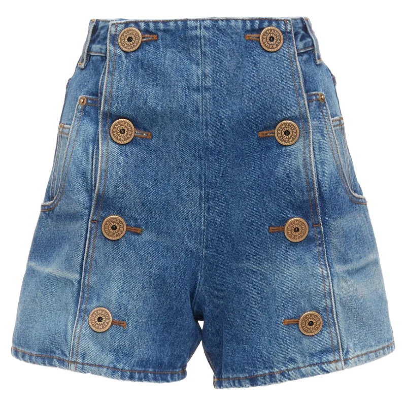 Unbeatable Deals Balmain Washed Bronze Coin Button High Waisted Denim Shorts