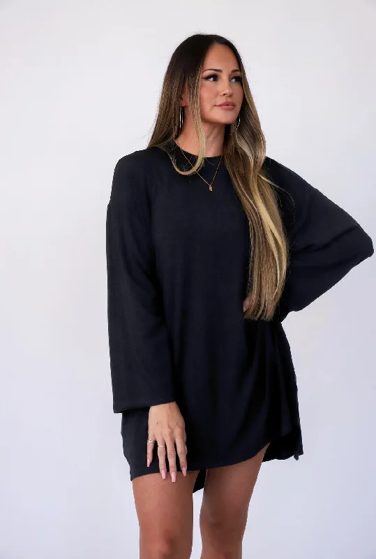 Graceful Cut Out Of Pocket Dress Long Sleeve Black