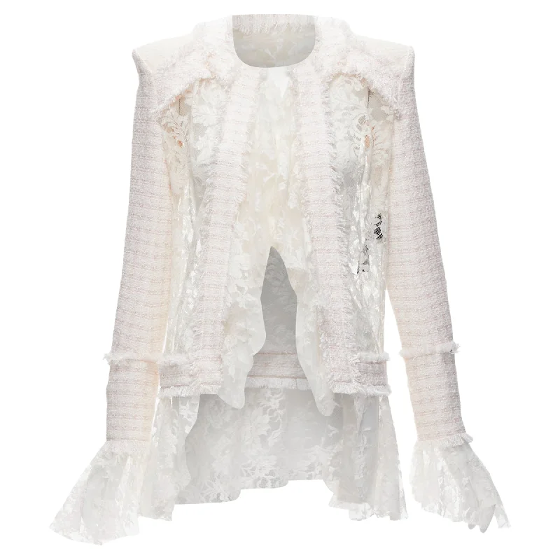 Trend Alert Balmain spencer tweed sheer lace ruffle blazer jacket