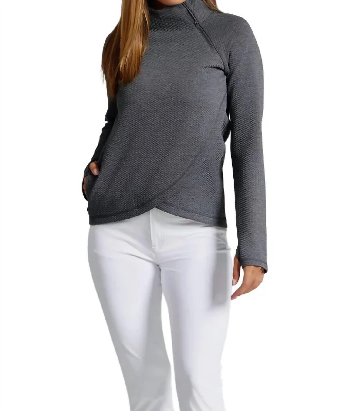 Holiday Glam Solid Popcorn Stitch Asymmetrical Zip Pullover In Black