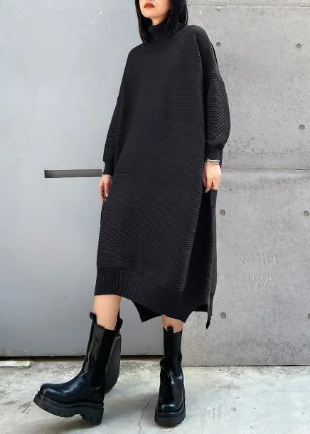 Chic Style Simple black Sweater outfits Largo high neck low high design Art fall knit dress