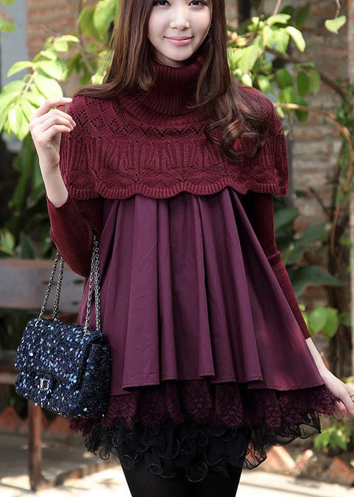 Nordic Minimalist Home Look Style Purple Knit Patchwork Lace Winter Knit Dress