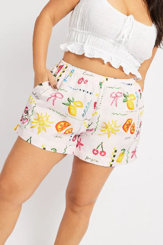 Special Occasion Wear Multi Abstract Elastic Waist Shorts