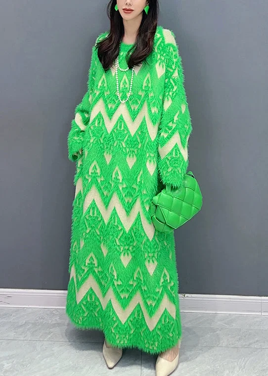 Cool Prices Green Patchwork Teddy Knit Sweater Dress O Neck Long Sleeve