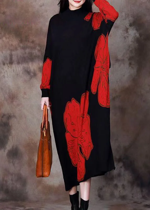 Bold Fashion Loose Red O Neck Print Knitting Cotton Long Dresses Spring