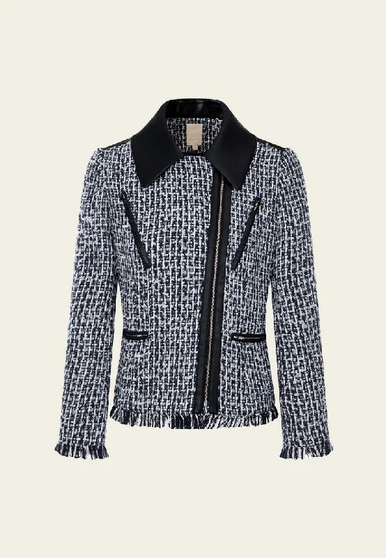 Exclusive Discount Faux-leather Trim Frayed-detail Mixed Tweed Jacket