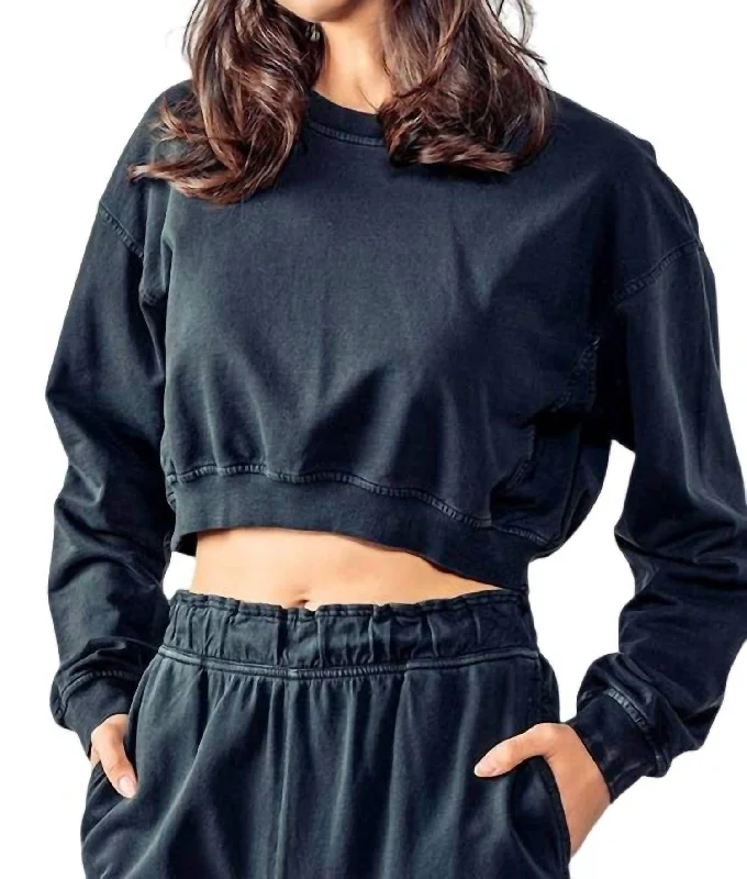 Feminine Soft - Hued Styles Mineral Washed Mock Neck Crop Sweatshirt In Black