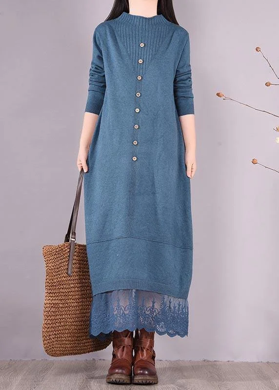 Mother'S Day Special Vivid Blue Tunics O Neck Patchwork Lace Spring Dress