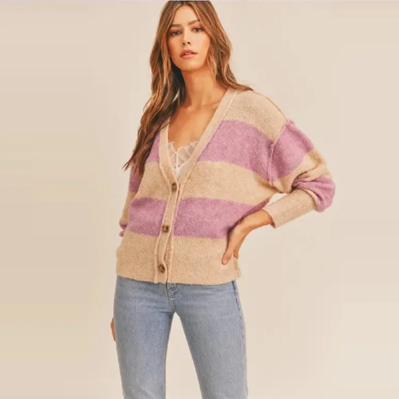 Huge Price Cut Striped Button Down Cardigan (Beige Lilac)