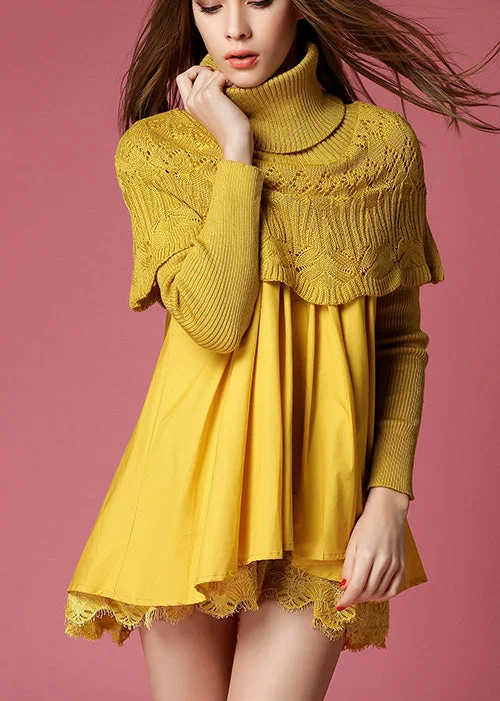 Boho - Chic Festival - Ready Style Modern Yellow Turtleneck Knit Patchwork A Line Winter Sweater dress