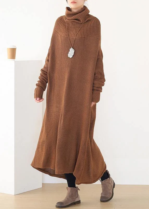 Special Offer Women back open Sweater high neck dress outfit plus size drak brown daily knit dresses