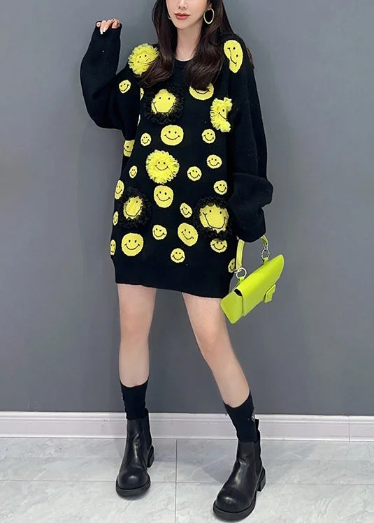 High-Fashion Women's Clothing End-Of-Season Clearance Black Patchwork Knit Sweater Mid Dress Ruffled O Neck Fall