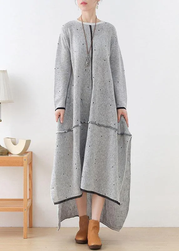 Early Access To Art Deco Styles Sale Beautiful Grey White Low High Side Open Fall Knitted Dress