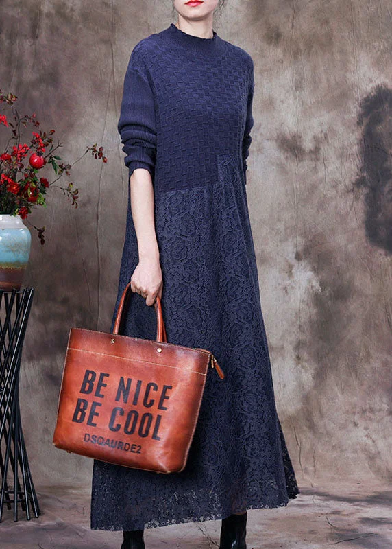 Classic Timeless Elegant Style Modern Blue Knit Patchwork Lace Vacation Dresses Spring