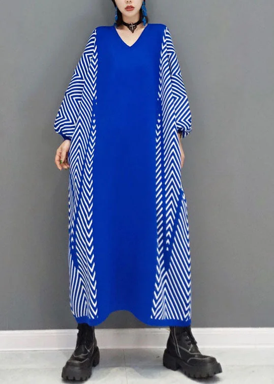 Refined Simplicity Classy Blue Striped Knit Long Dresses Spring