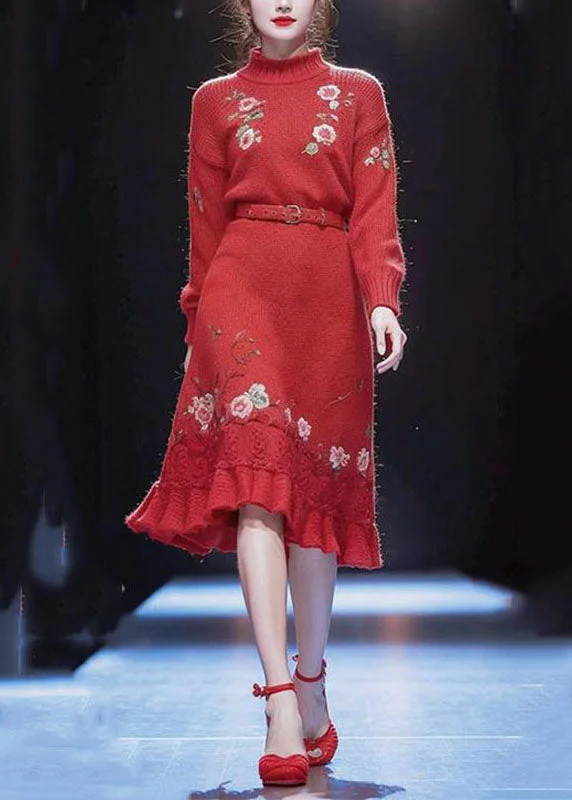 Exclusive Sale Vogue Red Turtleneck Floral Sashes Cotton Knit Long Sweater Dress Winter