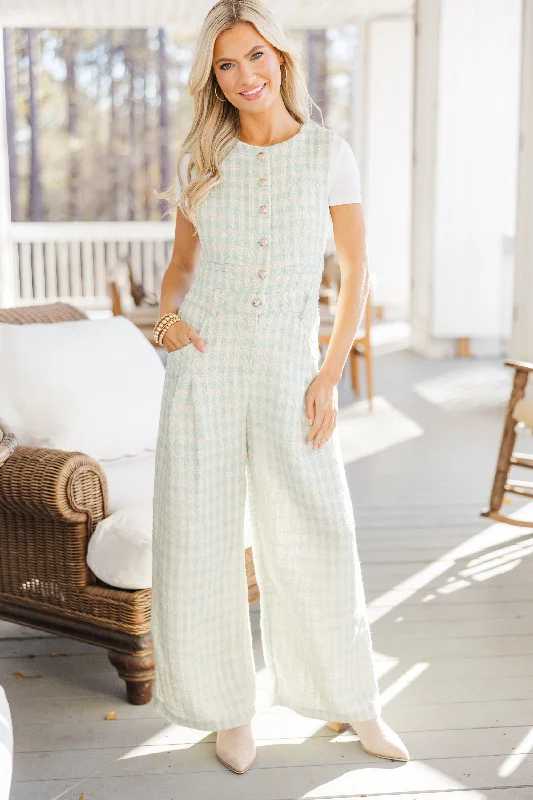 Chic Style, Always In Vogue All Eyes On You Sage Green Plaid Jumpsuit