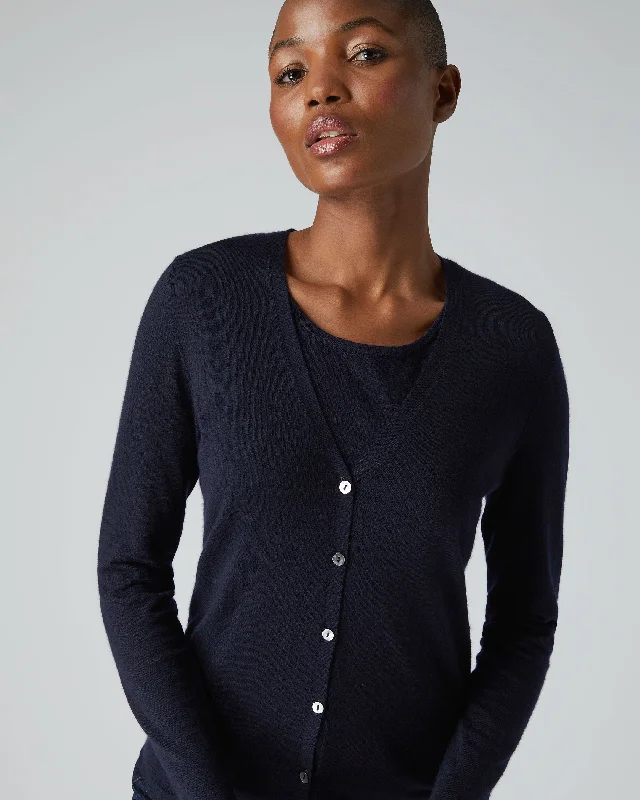 Season Sale Women's Mia Superfine Cashmere V Neck Cardigan Navy Blue