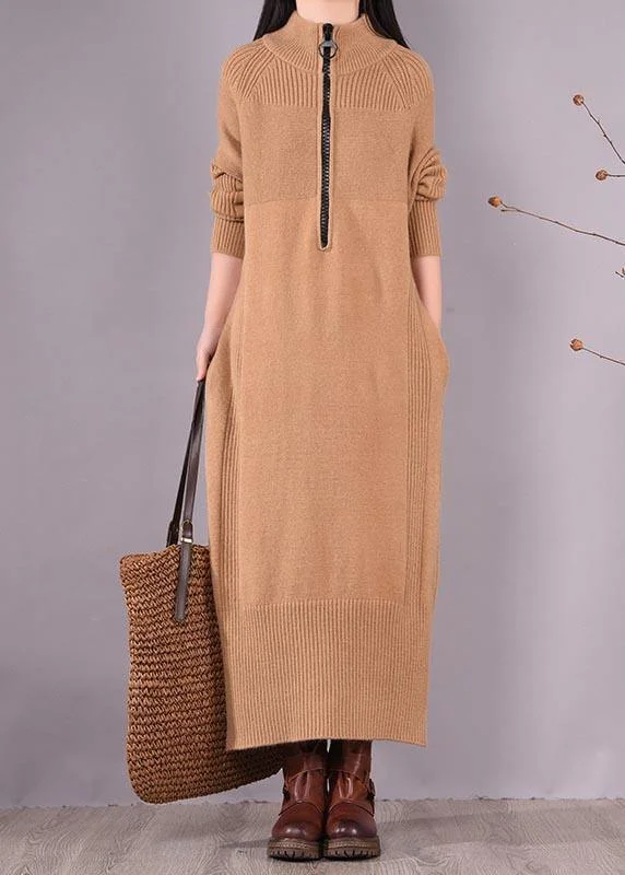 Anniversary Sale French Khaki Dress Zippered Pockets Dresses Spring Dress