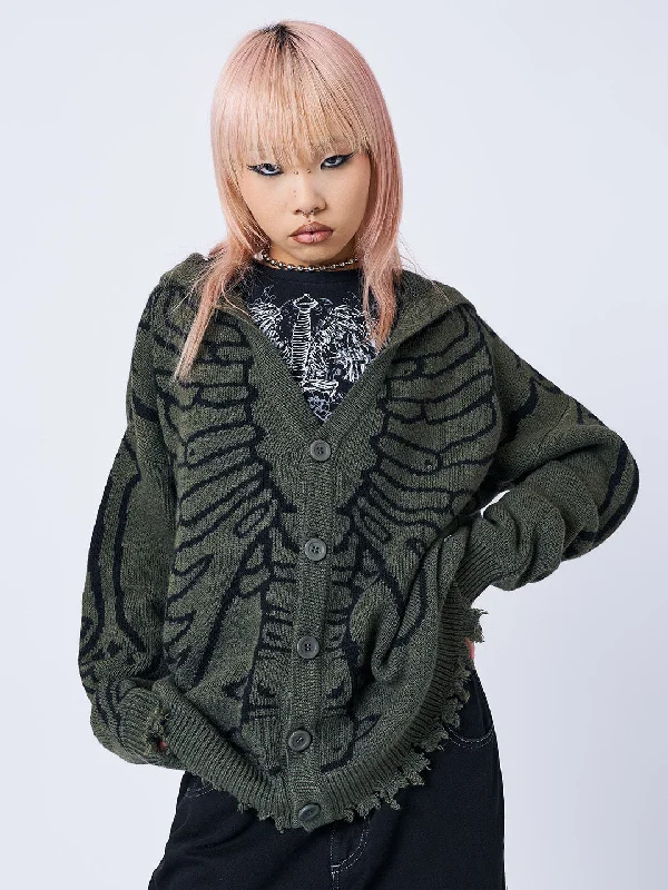 Latest Fashion X-Ray Jacquard Green Hooded Knit Cardigan