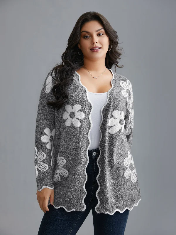 Trend Driven Wardrobe Floral Pattern Open-Front Knitted Cardigan