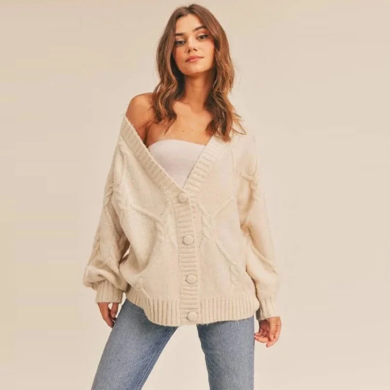 Explore What's New Cable Knit Cardigan Sweater (Cream)